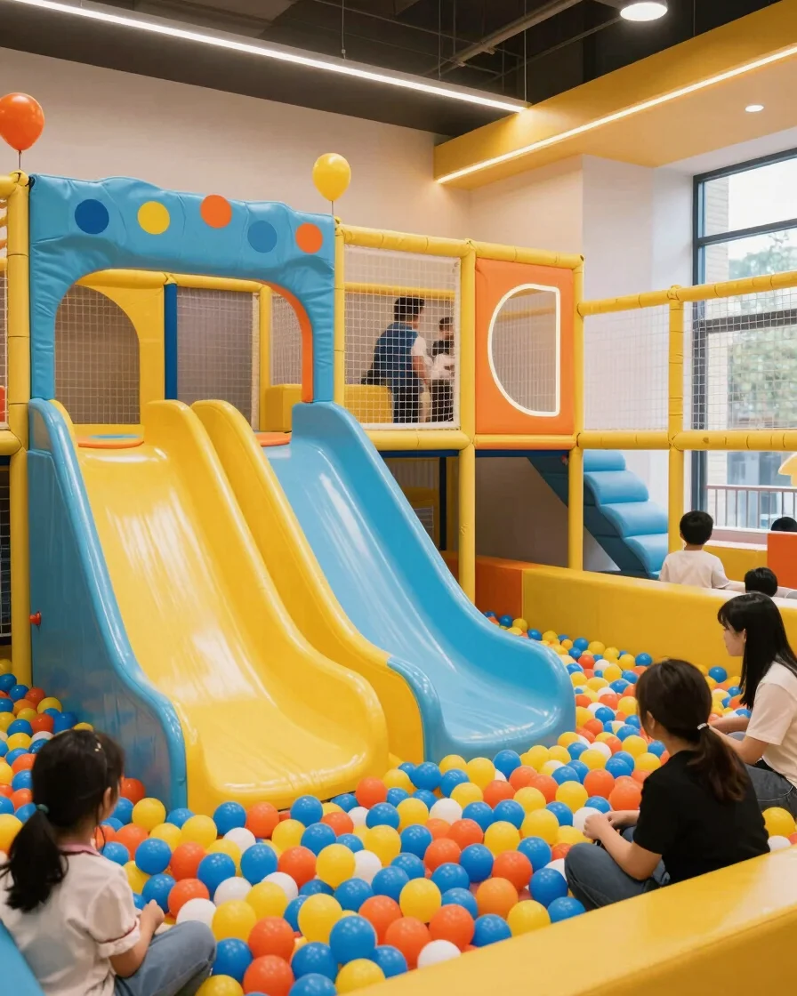Wide-angle bright indoor view of a multi-level soft play structure with wavy slides and a colorful ball pit, parents sea