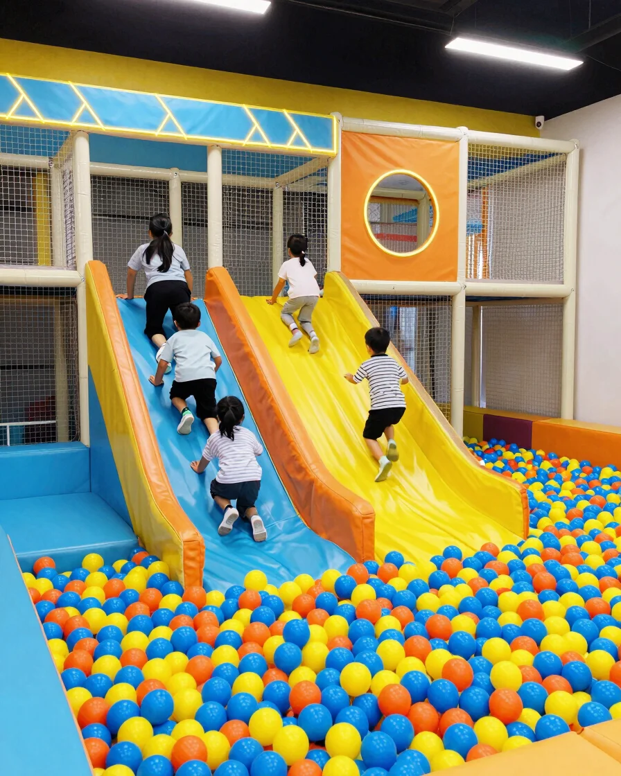 Wide-angle bright editorial photo of a multi-level soft play stru
