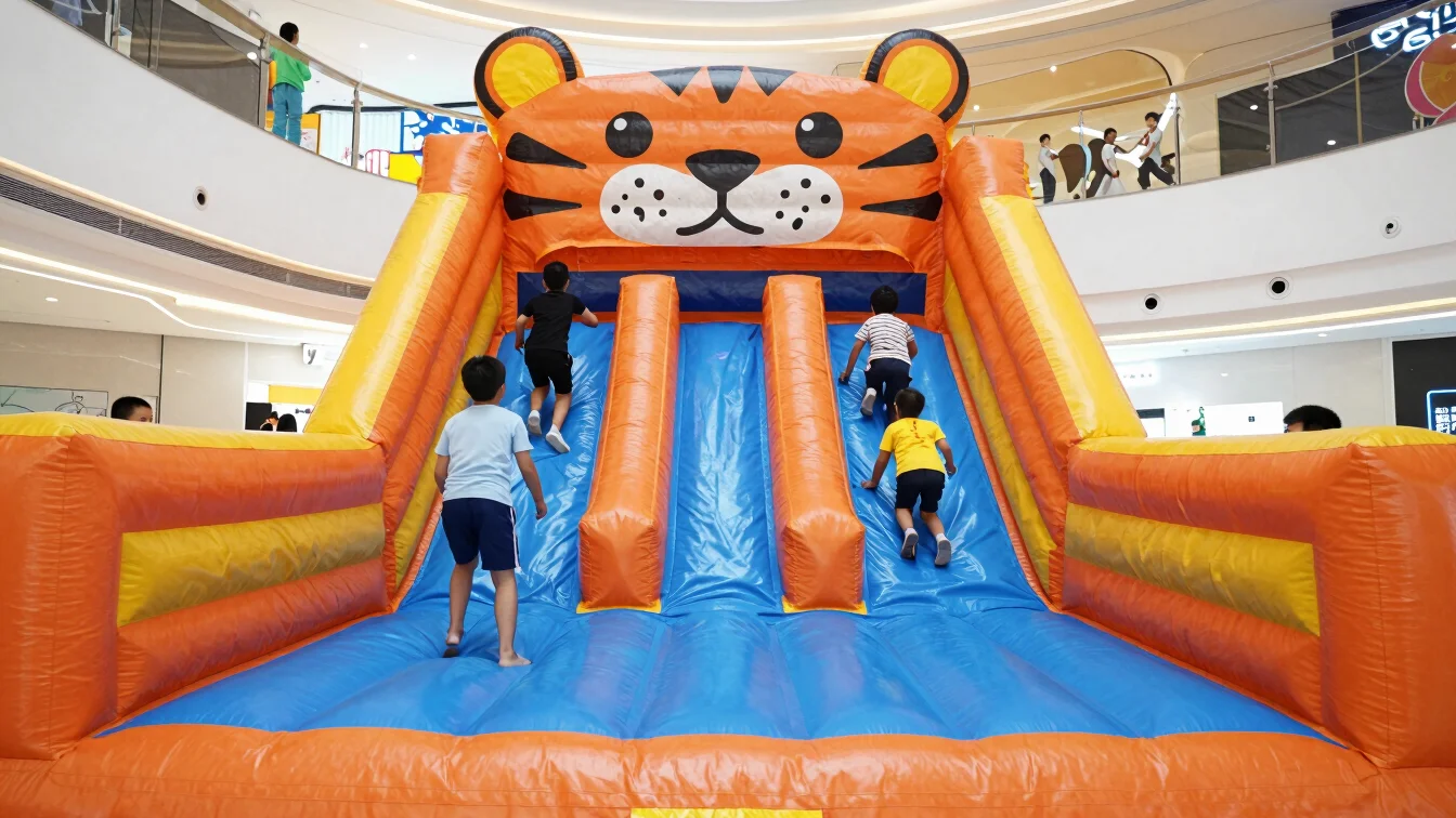Bright wide-angle view of a bouncy inflatable obstacle course wit