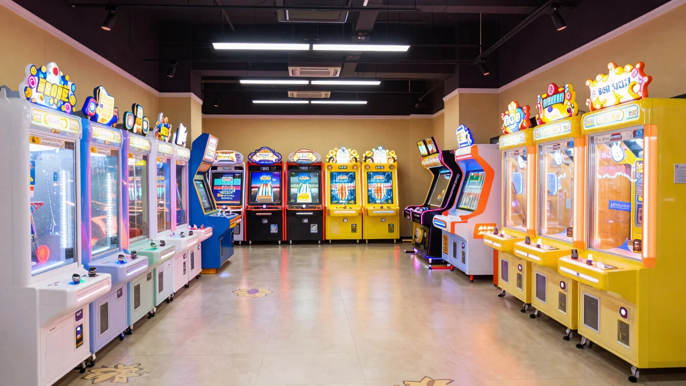Bright wide-angle arcade corner with rows of colorful interactive