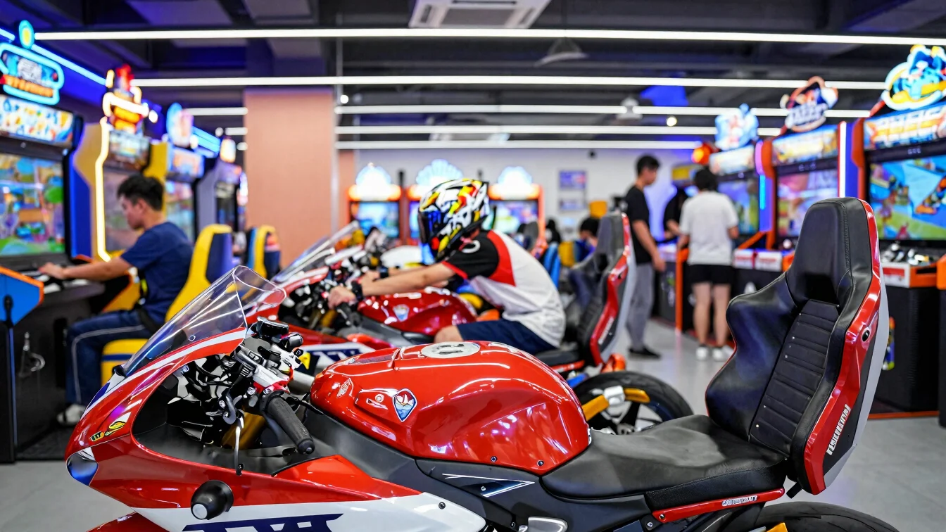 Close view of superbike racing simulator seats in a bright arcade
