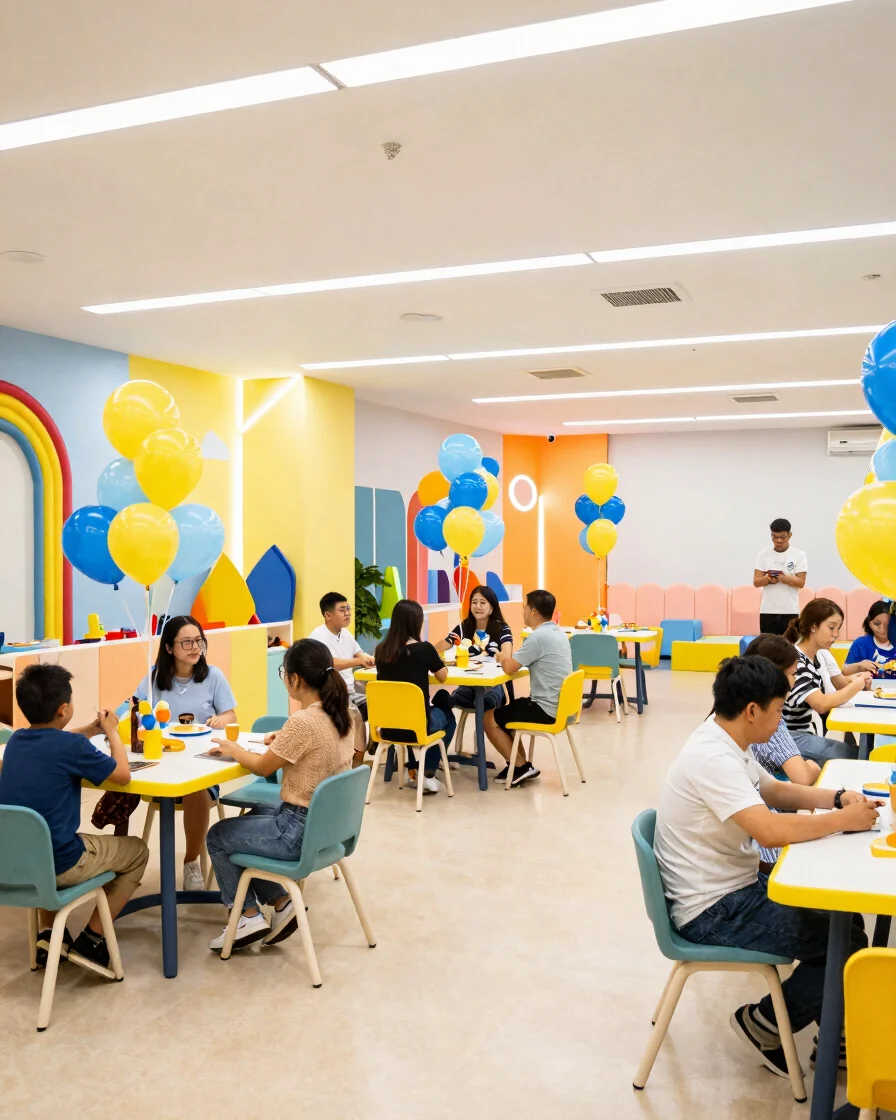 Wide bright indoor party hall at a kids' play center, a birthday
