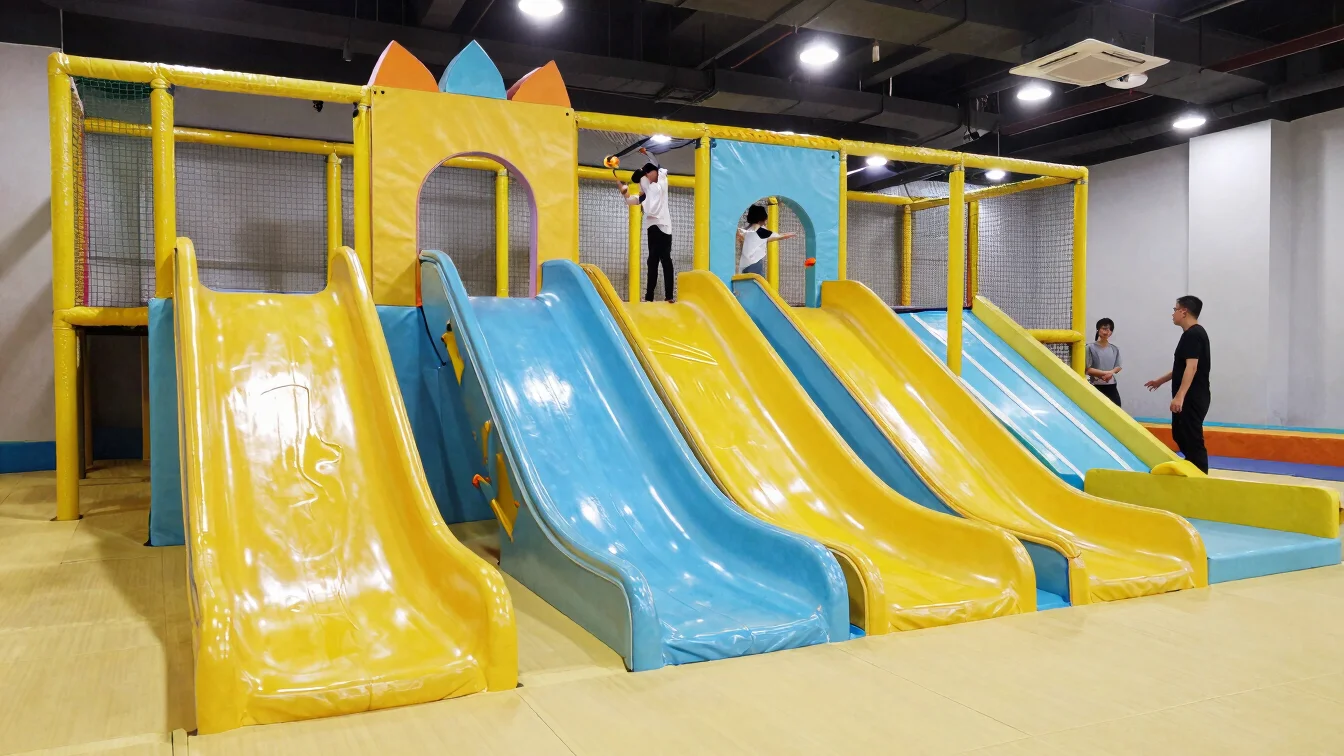 Bright indoor soft play area with multi-level climbing structures