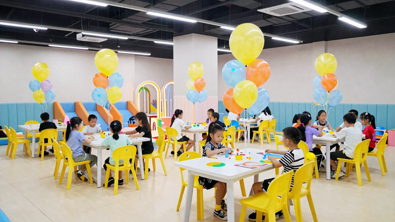 Private party hall inside a kids' play center, birthday table wit