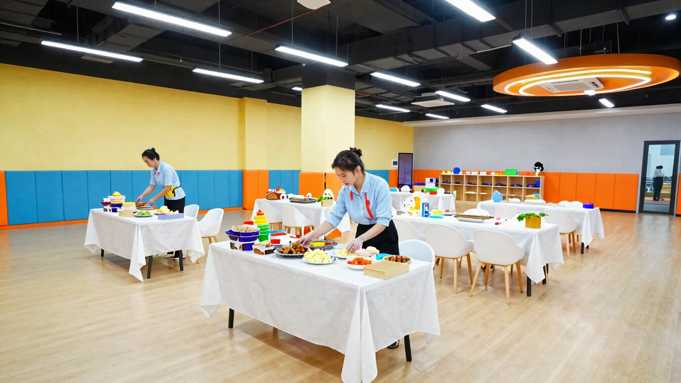 Party host arranging decor and catering table in a bright indoor