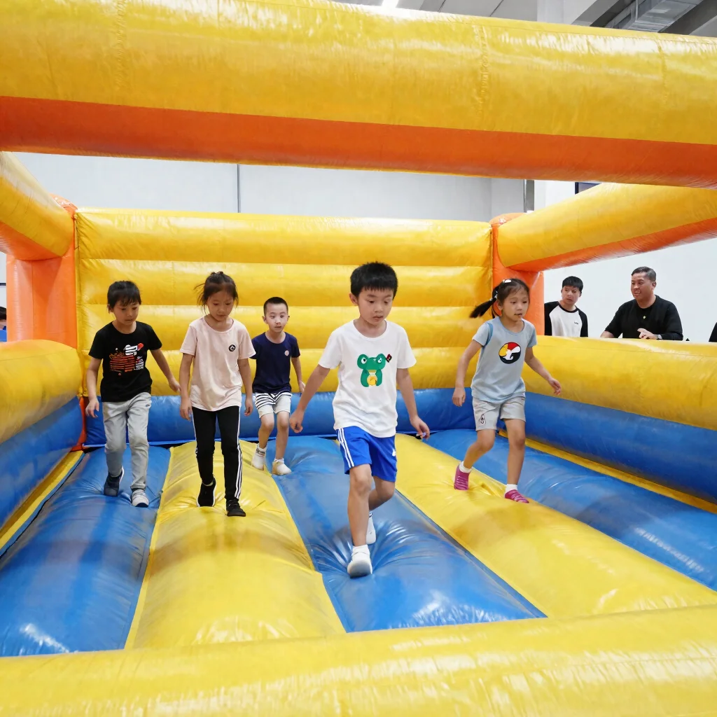 Wide-angle candid photo of children crossing an inflatable obstacle course under supervision, bright even indoor lightin