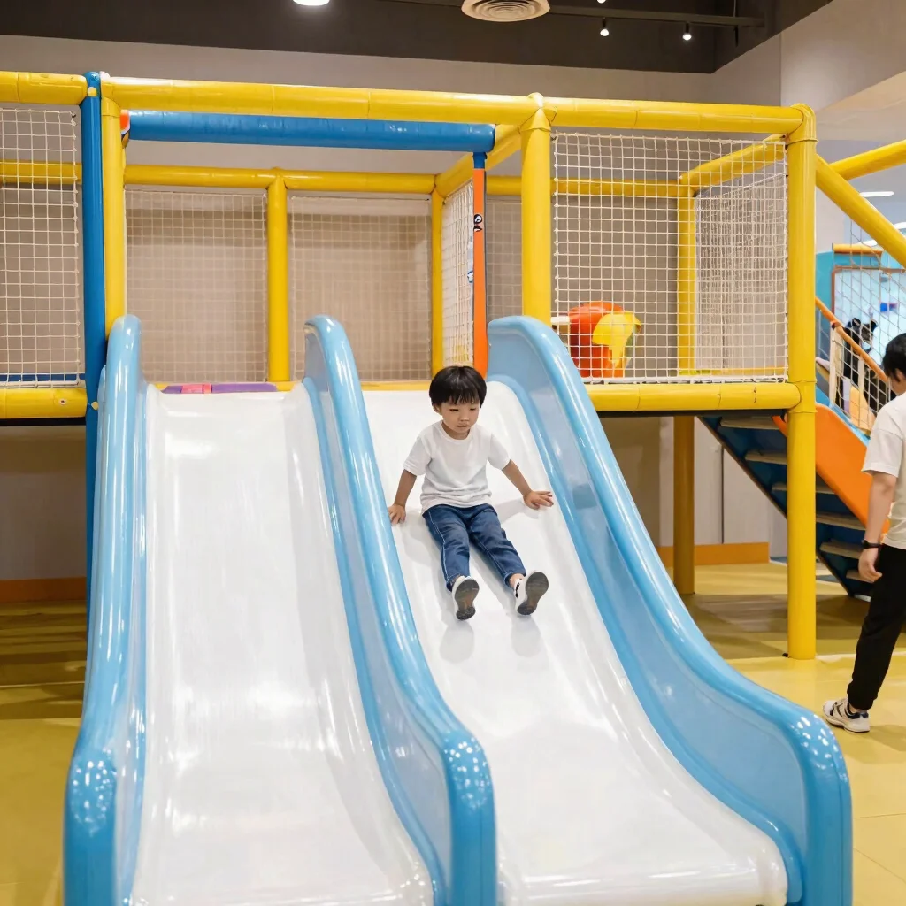 Candid photo of a child sliding down a wavy slide in a bright soft play structure, parent visible nearby, even indoor li