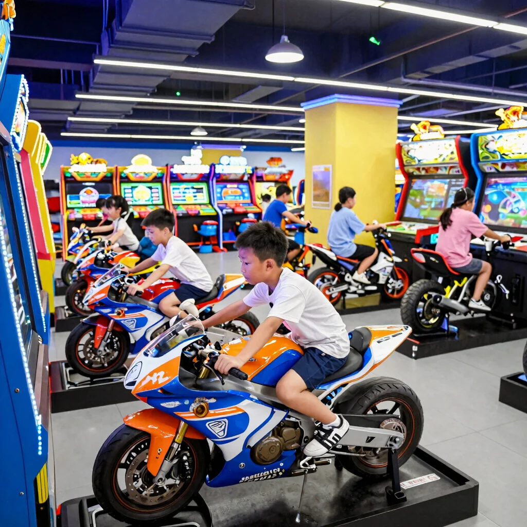 Medium shot of kids racing on superbike simulators in a bright arcade hall, even indoor lighting, blue and neon accents