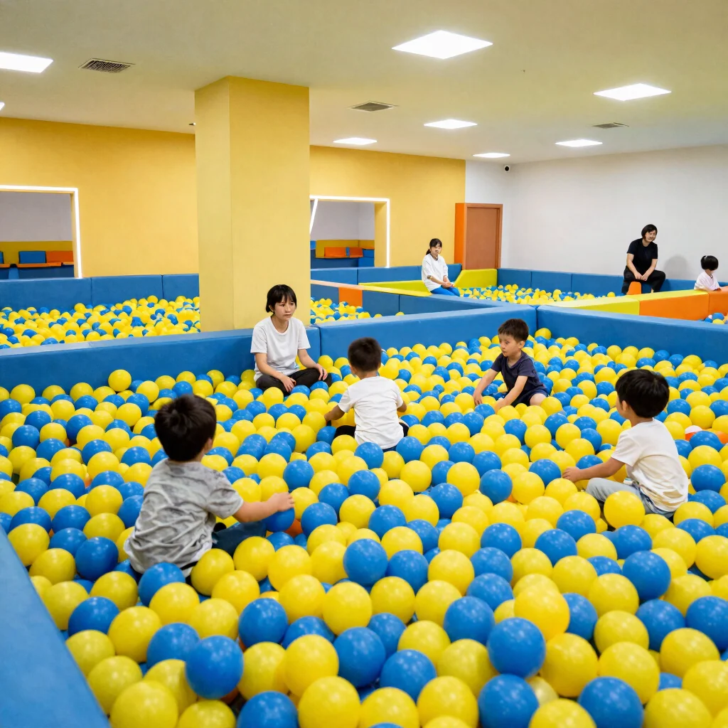 Wide-angle view of a colorful ball pit with children playing under supervision, bright even lighting, cheerful yellow an