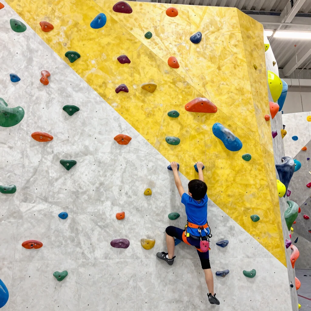 Close detail of a mini rock-climbing wall with a supervised child reaching for a hold, bright even indoor lighting