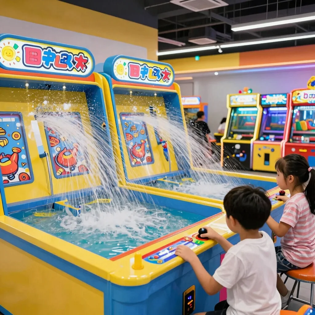 Candid photo of kids at arcade ticket games with water-shooting targets, bright even indoor lighting, neon accents